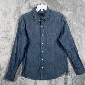 J Crew Denim Button Up Shirt Mens Medium Blue Pocket Long Sleeve Cone